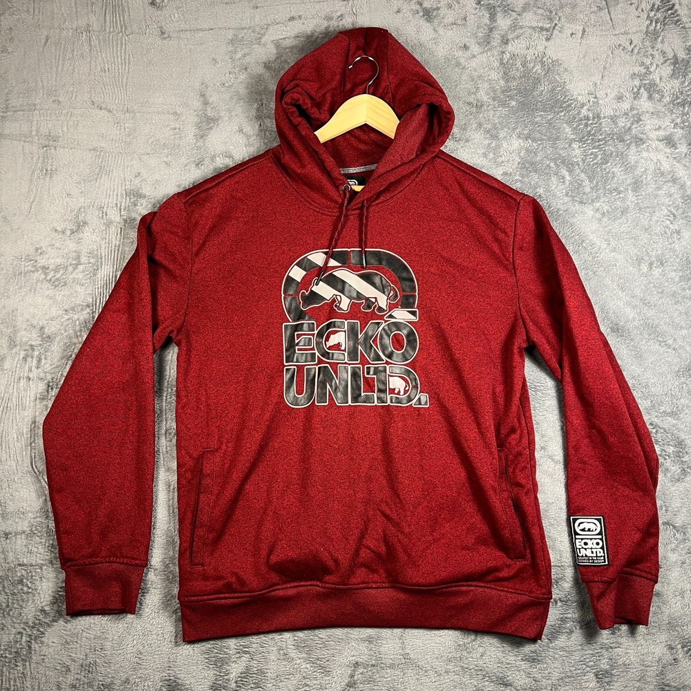 Ecko Unltd Hoodie Mens Large Burgundy Rhinoceros Graphic Print Logo Fleece Lined